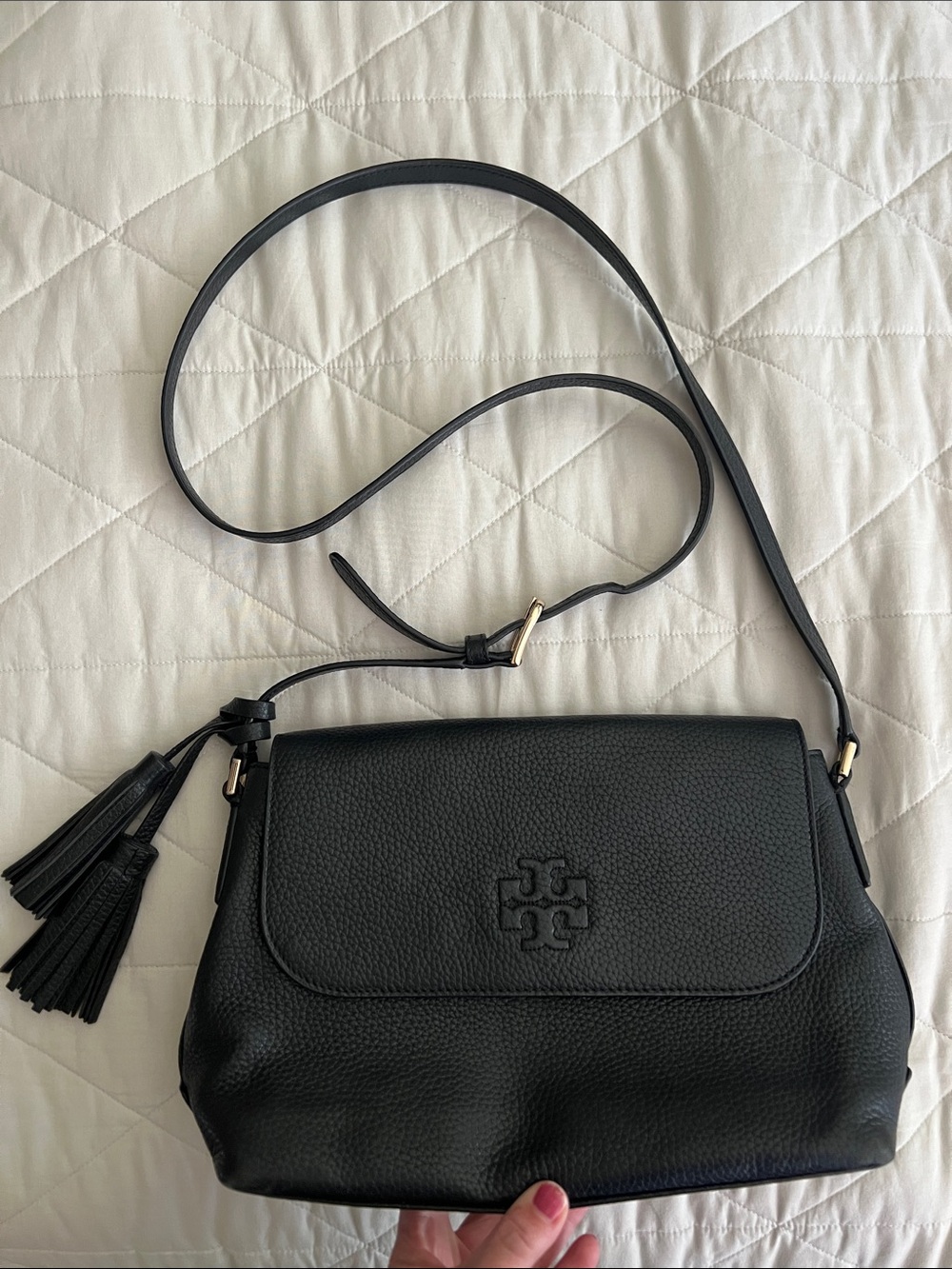 Tory Burch Thea Flap Crossbody Bag in Black with tassel - Picture 5 of 16